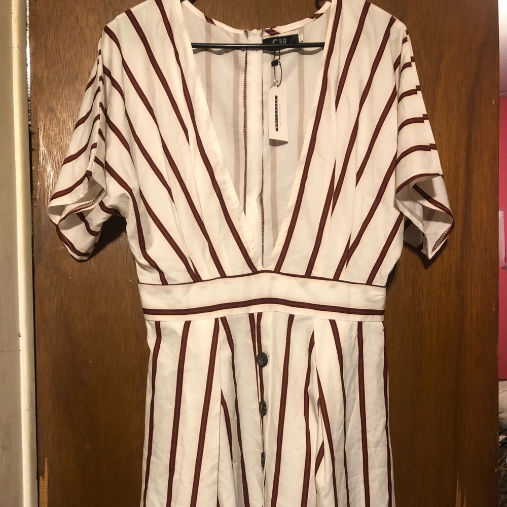 Deep V-Neck cut Red and White Stripe Dress